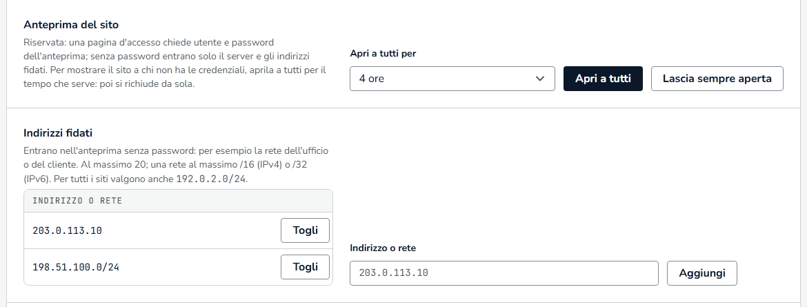 Manutenzione della scheda: Anteprima del sito con la durata e Apri a tutti, poi Indirizzi fidati con l'elenco e Aggiungi