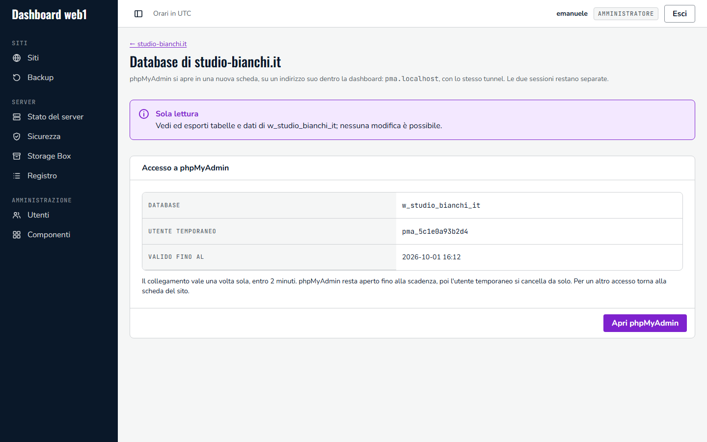Pagina del collegamento a phpMyAdmin: database, utente temporaneo, scadenza e il pulsante Apri phpMyAdmin