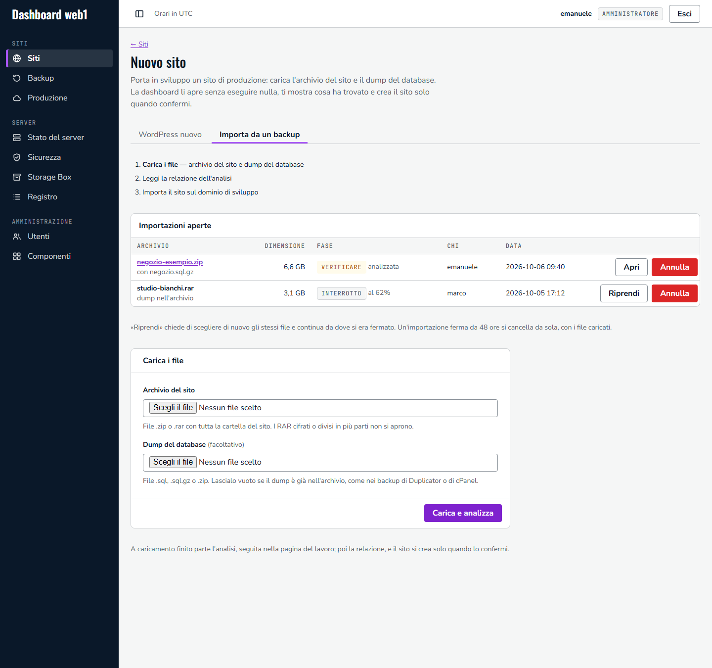 Pagina Importa da un backup: i tre passi, le importazioni aperte con Riprendi e Annulla, il modulo con archivio e dump