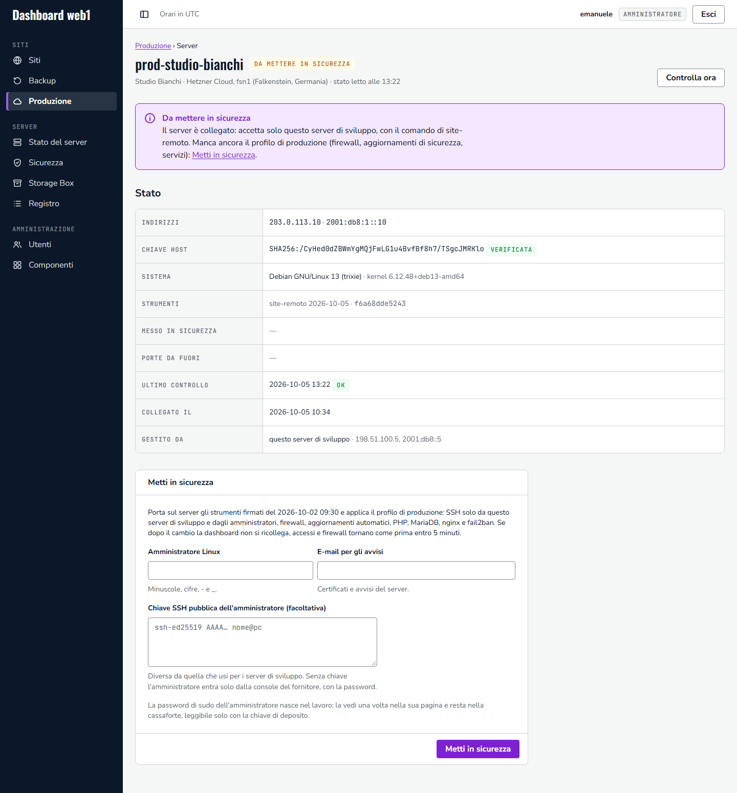 Pagina di un server da mettere in sicurezza: stato e modulo Metti in sicurezza con amministratore, e-mail e chiave SSH facoltativa