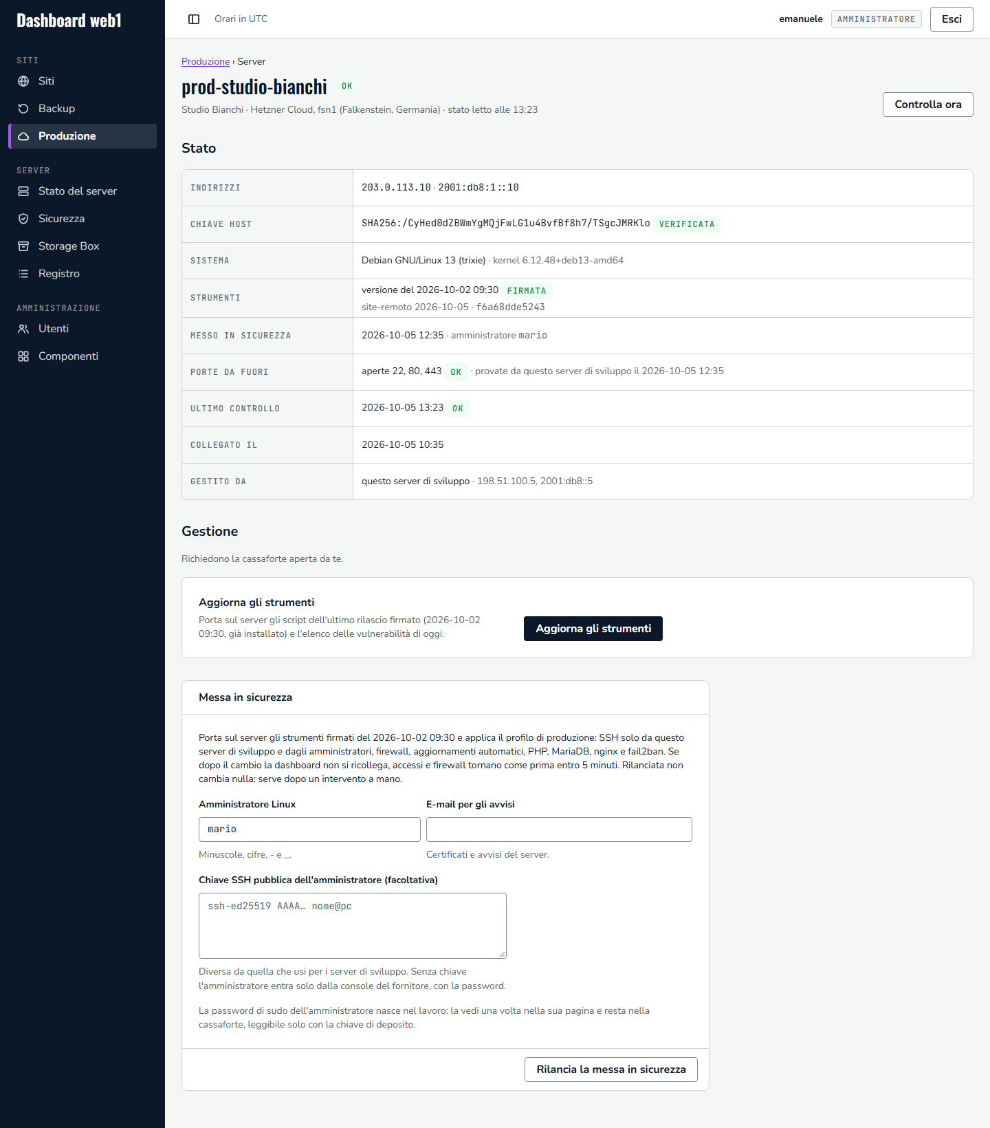 Pagina di un server messo in sicurezza: strumenti firmati, data della messa in sicurezza, porte da fuori, Gestione con Aggiorna gli strumenti