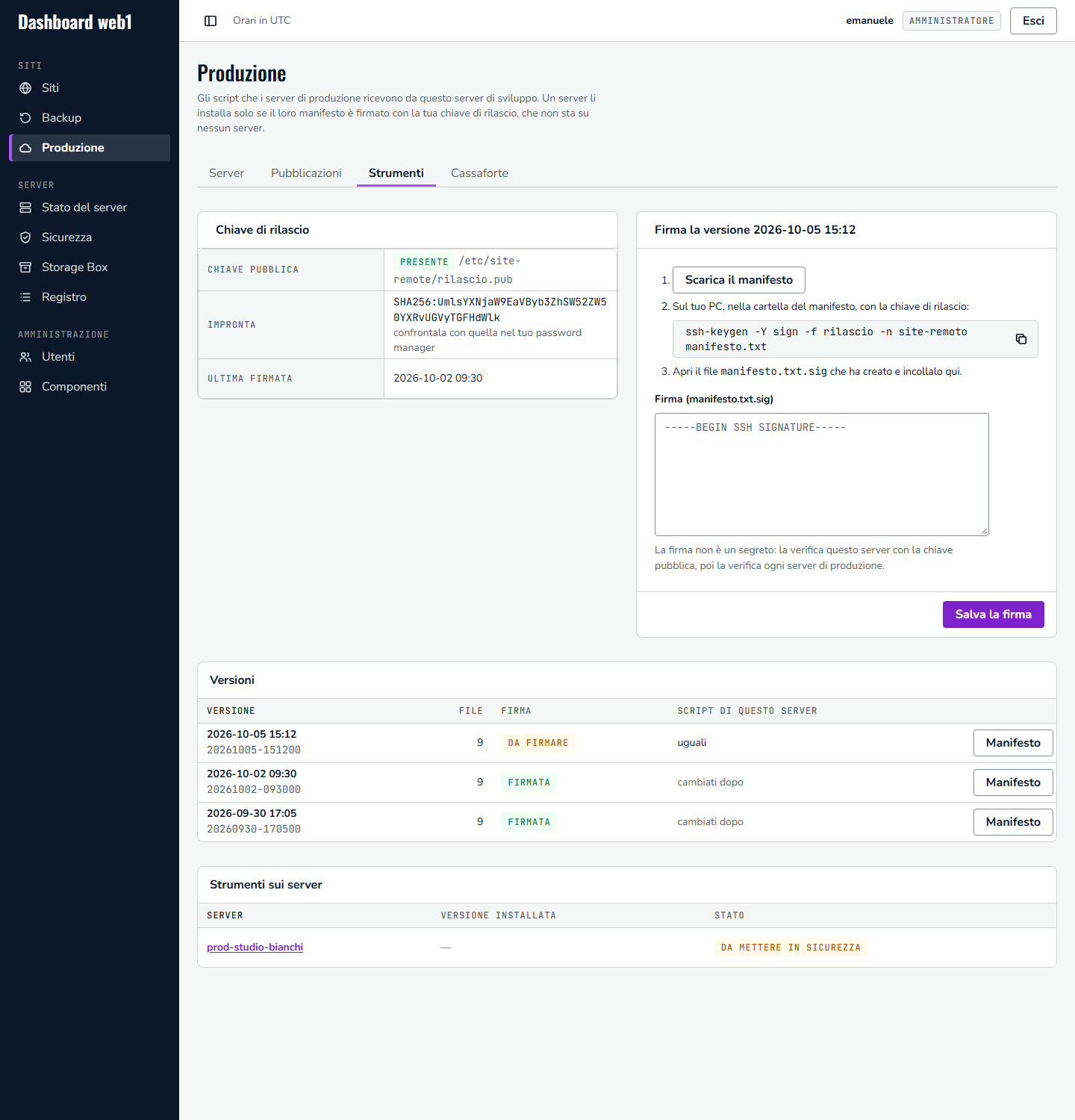 Pagina Strumenti: chiave di rilascio con l'impronta, firma della versione da firmare con i tre passi, versioni e strumenti sui server